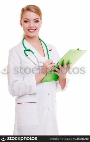 Woman in white lab coat. Female doctor or nurse with stethoscope writing with pen on clipboard. Medical person for health insurance. Isolated on white background