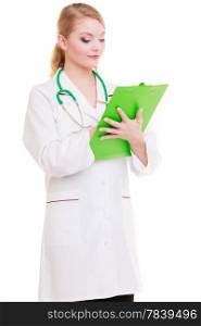 Woman in white lab coat. Female doctor or nurse with stethoscope writing with pen on clipboard. Medical person for health insurance. Isolated on white background