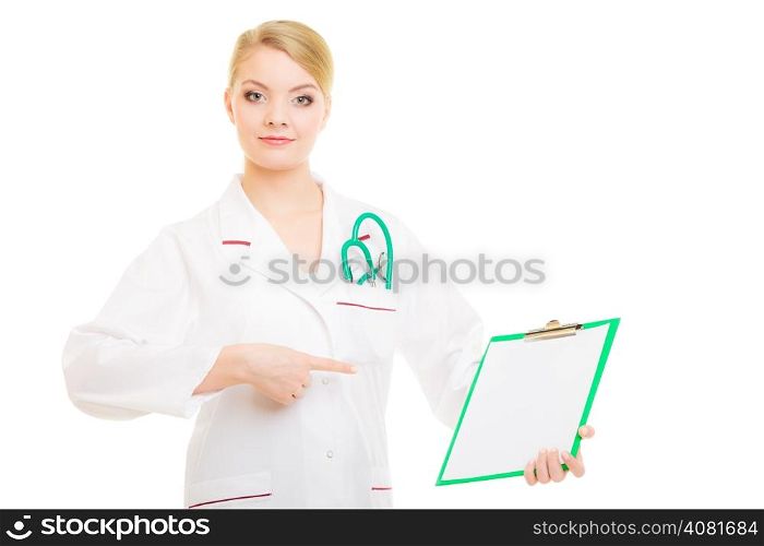 Woman in white lab coat with stethoscope. Doctor holding clipboard isolated. Medical person for health insurance.