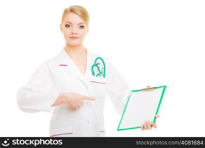 Woman in white lab coat with stethoscope. Doctor holding clipboard isolated. Medical person for health insurance.