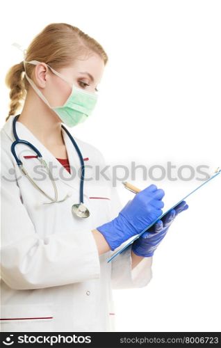 woman in white lab coat with stethoscope. Doctor with clipboard and pen isolated. Medical person for health insurance.