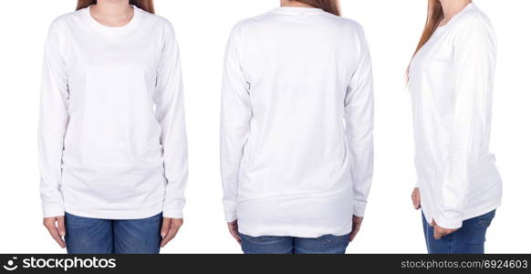 woman in white long sleeve t-shirt isolated on a white background