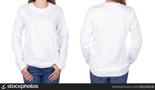 woman in white long sleeve t-shirt isolated on a white background