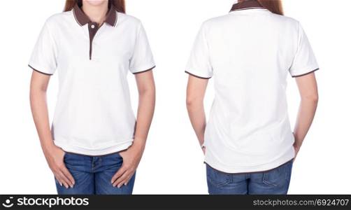 woman in white polo shirt isolated on a white background