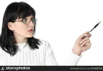 Woman in white sweater and glasses pointing with ink pen.