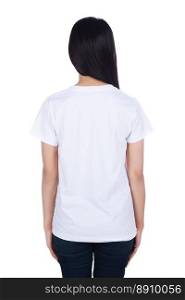woman in white t-shirt isolated on a white background rear view 
