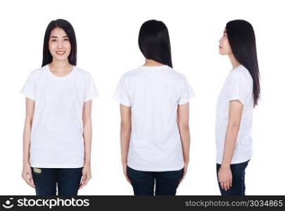 woman in white t-shirt isolated on white background. woman in white t-shirt isolated on a white background