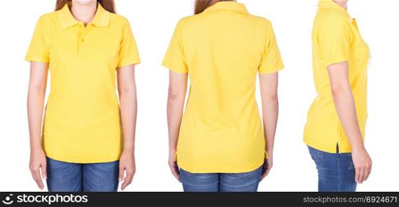 woman in yellow polo shirt isolated on a white background