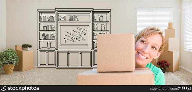 Woman Inside Room With Moving Boxes Glancing Toward Entertainment Unit Drawing on Wall.
