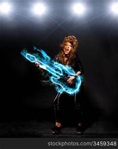 woman is playing rock music on fiery guitar
