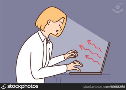 Woman is typing on keyboard, stretching hands to laptop that negatively affects health or psyche. Red arrows coming from laptop screen symbolize manipulation using Internet and social networks . Woman is typing on keyboard, stretching hands to laptop that negatively affects health or psyche