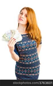 woman isolated on white background with money