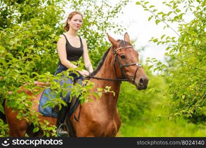 Woman jockey training riding horse. Sport activity. Active woman girl jockey training riding horse. Equitation sport competition and activity.