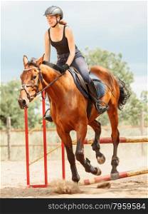 Woman jockey training riding horse. Sport.. Woman jockey training riding horse jumping over fence. Equestrian sport competition.