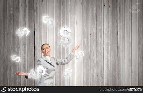Woman juggler. Young pretty businesswoman juggling with dollar symbols