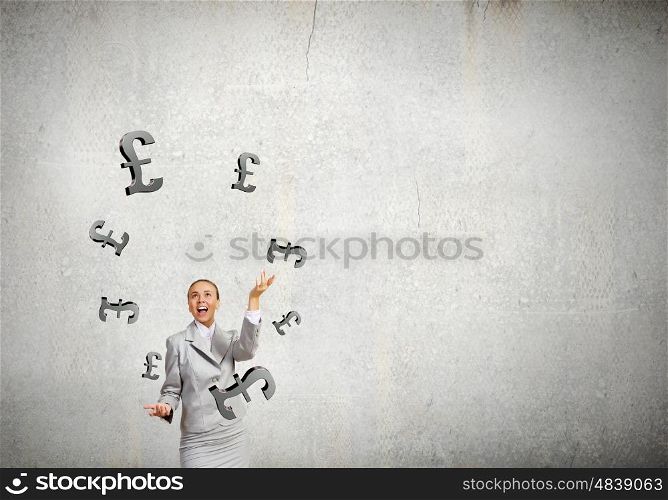 Woman juggler. Young pretty businesswoman juggling with pound symbols