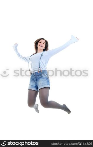 Woman jumping. Isolated over white.