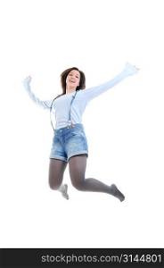 Woman jumping. Isolated over white.