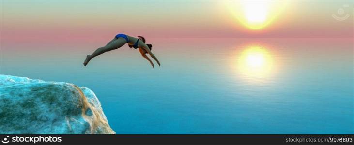 woman jumping to the water 3d illustration