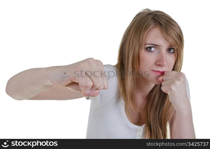 woman kickboxer trying to hit using right hook punch, isolated over white, focus on fist