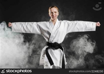 woman kimono practicing taekwondo
