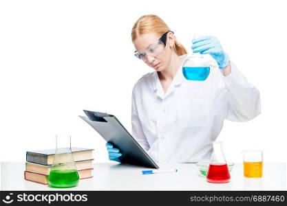 woman lab assistant with test tubes isolated on white background