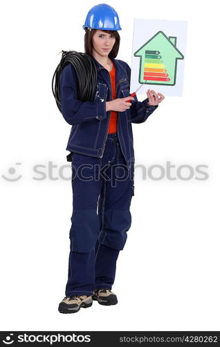 Woman laborer holding energy rating sign