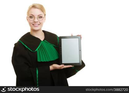 Woman lawyer attorney in classic polish gown holds tablet blank copy space. Technology.