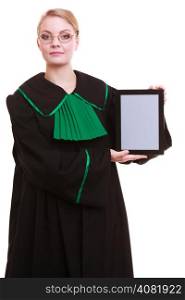Woman lawyer attorney in classic polish gown holds tablet blank copy space. Technology.