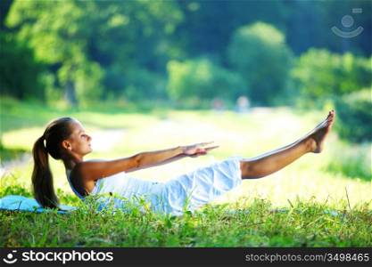 woman lay and training on ground
