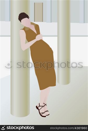 Woman leaning against a column