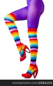 Woman legs in colourful stockings on white