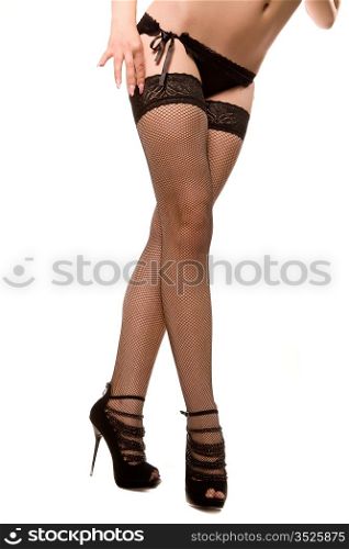 woman legs in stockings. Isolated on white.