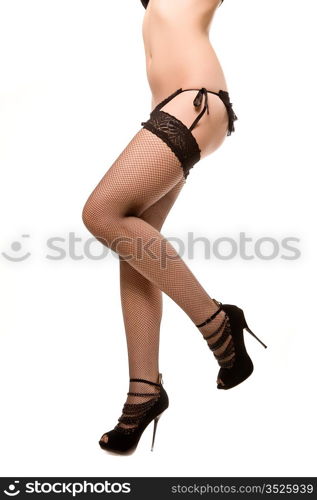 woman legs in stockings. Isolated on white.