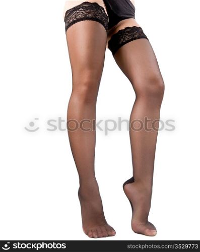 woman legs in stockings. Isolated on white.