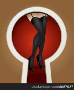 Woman legs in stockings seen through a key hole. Vector illustration