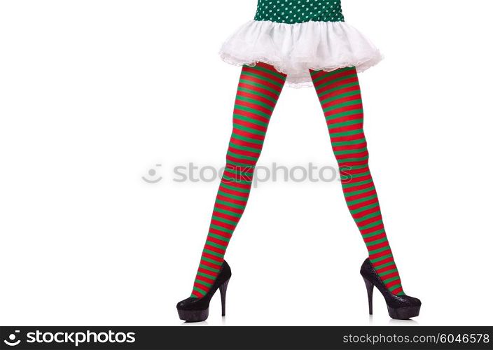 Woman legs in striped stockings on white