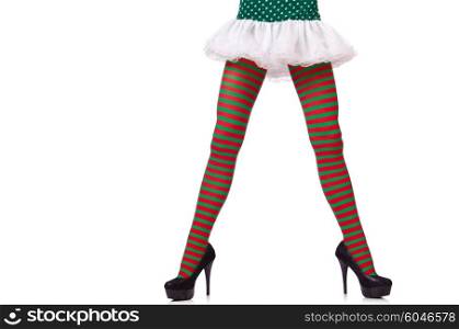 Woman legs in striped stockings on white