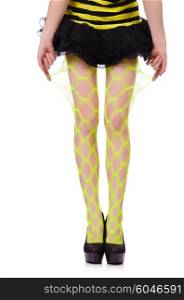 Woman legs in yellow fishnet isolated on white