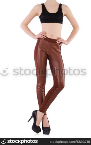 Woman legs wearing long stockings isolated on white