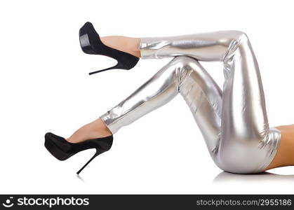 Woman legs with stockings on white