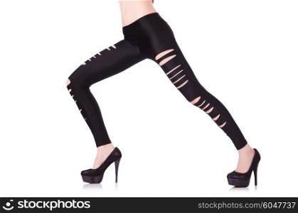 Woman legs with stockings on white