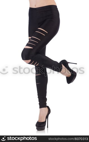 Woman legs with stockings on white