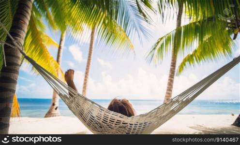 Woman lies in hammock on beach Illustration Generative AI
