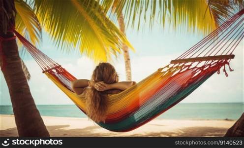 Woman lies in hammock on beach Illustration Generative AI
