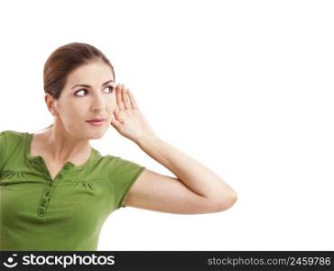 Woman listening something with hand on the ear, isolated on white