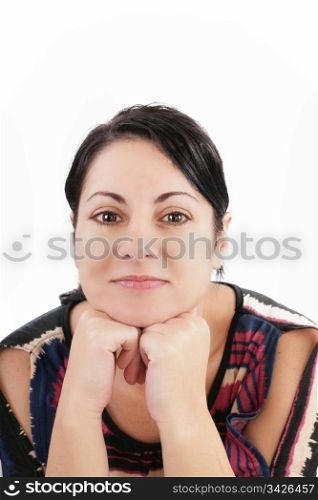 woman looking at camera over white background