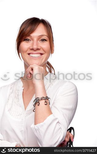 woman looking at camera with happy smile on white background