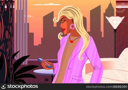 woman looking at mobile phone illustration