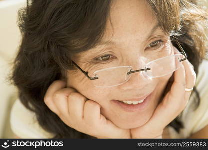 Woman Looking Through New Glasses